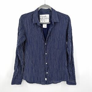 Frank & Eileen Navy White Stripe Barry Crinkle Button Down Blouse Size M